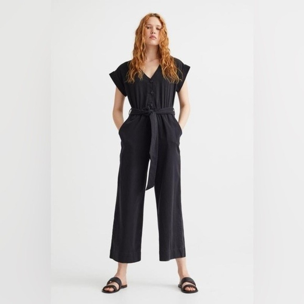 Mango MNG One Piece V neck Short Sleeves Tie front Jumpsuit in Black